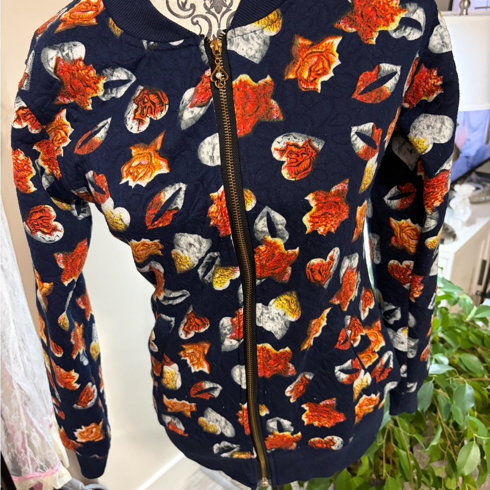 CHANEL - Vintage Navy Bomber Jacket with Red and White Floral Pattern